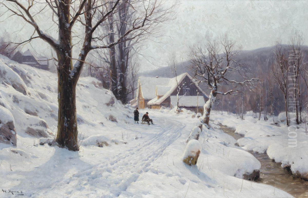 Schlittenfahrt an einem sonnigen Wintertag Oil Painting by Walter Moras
