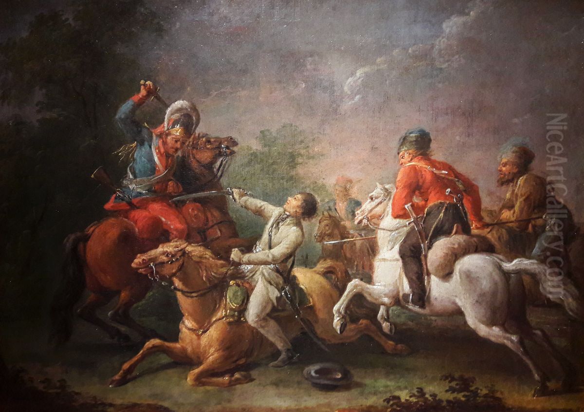 Kosciuszko and his horse fall in the battle of Maciejowice. Oil Painting by Jan Bogumi Plersz