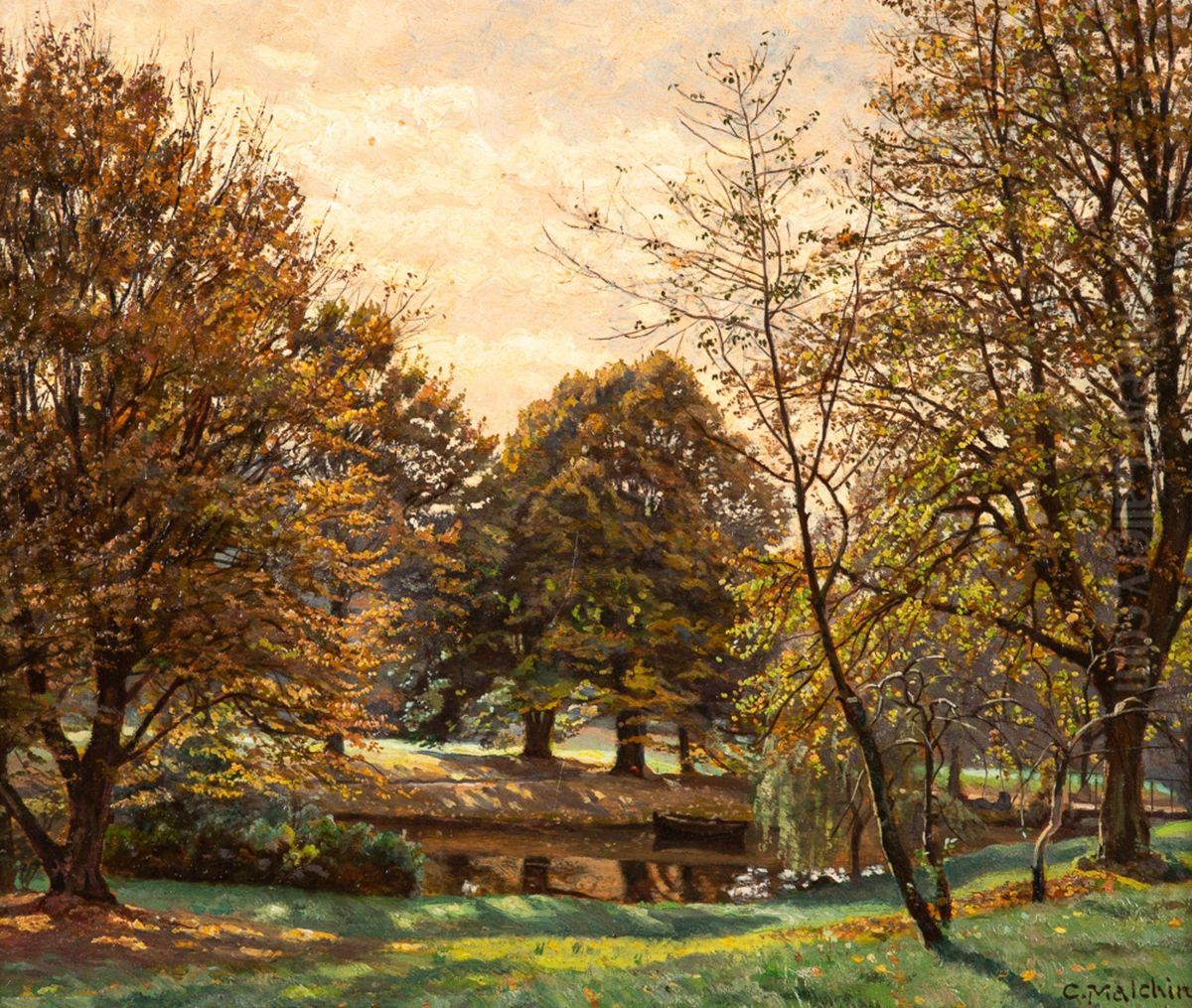 Teich im Parkgelande Paulshohe bei Schwerin Oil Painting by Carl Malchin