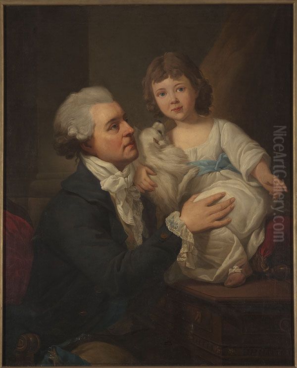 Portret Michala Jerzego Wandalina Mniszcha (1742-1806) z corka Elzbietka (1787/92-1830) i pieskiem Kiopkiem Oil Painting by Marcello Bacciarelli
