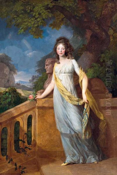 Luise of Mecklemburg-Strelitz, Crown Princess of Prussia (later Queen), depicted in an antiquing landscape. Oil Painting by Johann Friedrich August Tischbein