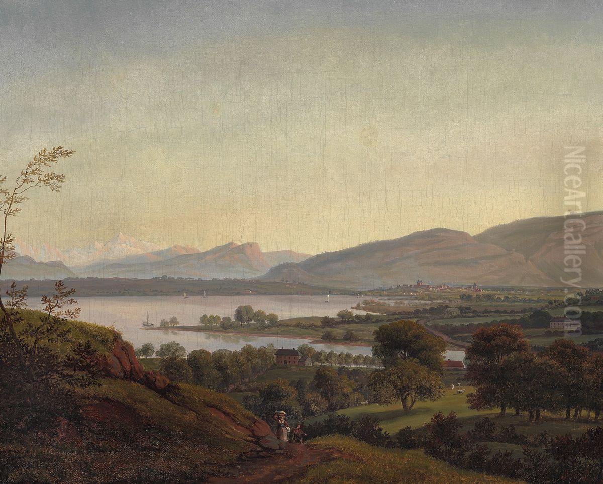 View of Lake Geneva seen from Bonnet's terrace, in the middle distance Geneva, in the background Mont Blanc Oil Painting by Jens Juel