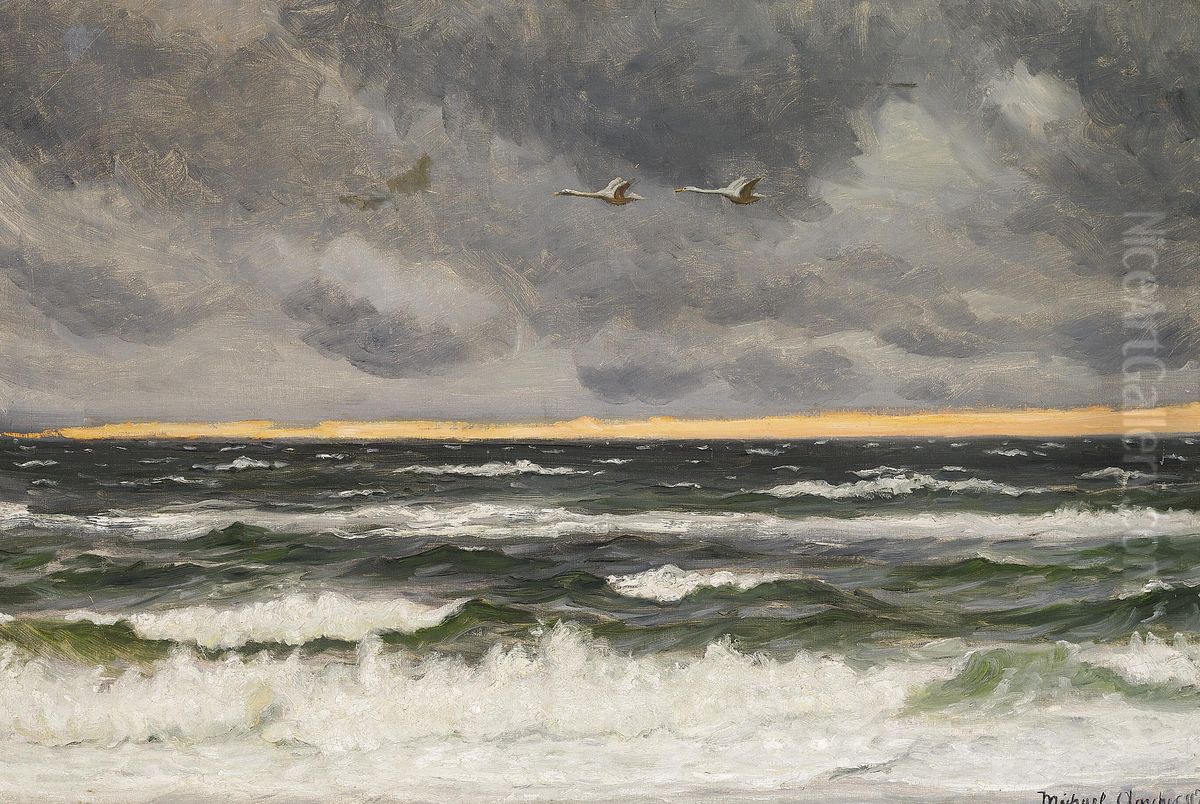 Two swans over the North Sea at sunset. Oil Painting by Michael Peter Ancher