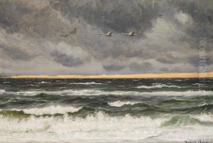 Two swans over the North Sea at sunset.