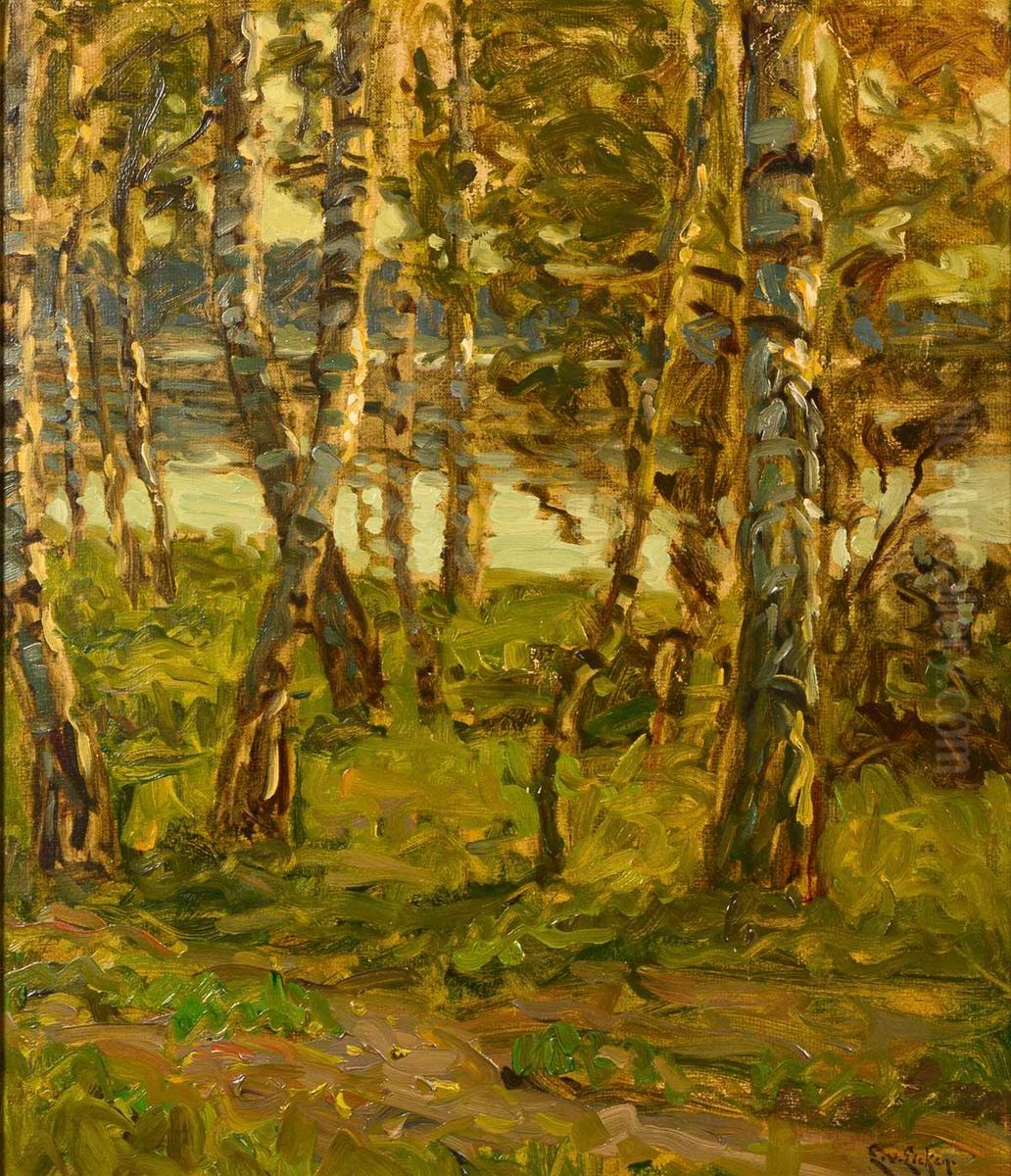 Birches on the shore of the Bodden Oil Painting by Elisabeth Von Eicken