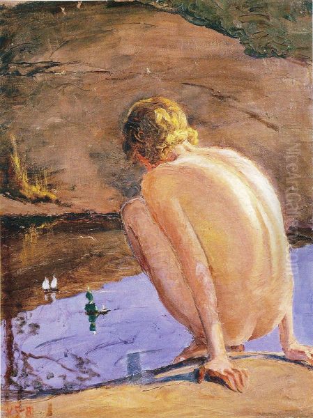 Latakon luona leikkiva poika Oil Painting by Venny Soldan-Brofeldt