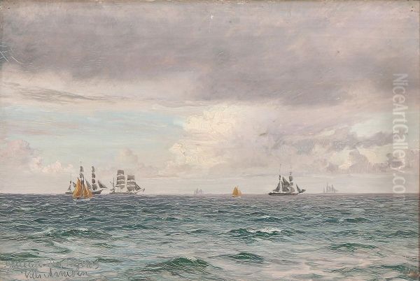 Marine med sejlskibe ved Gilleleje. Oil Painting by Vilhelm Arnesen