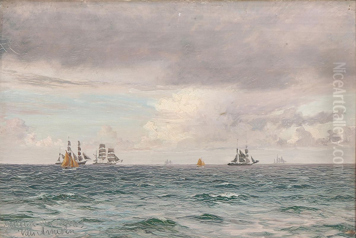 Seascape with sailing ships at Gilleleje, Denmark. Oil Painting by Vilhelm Arnesen