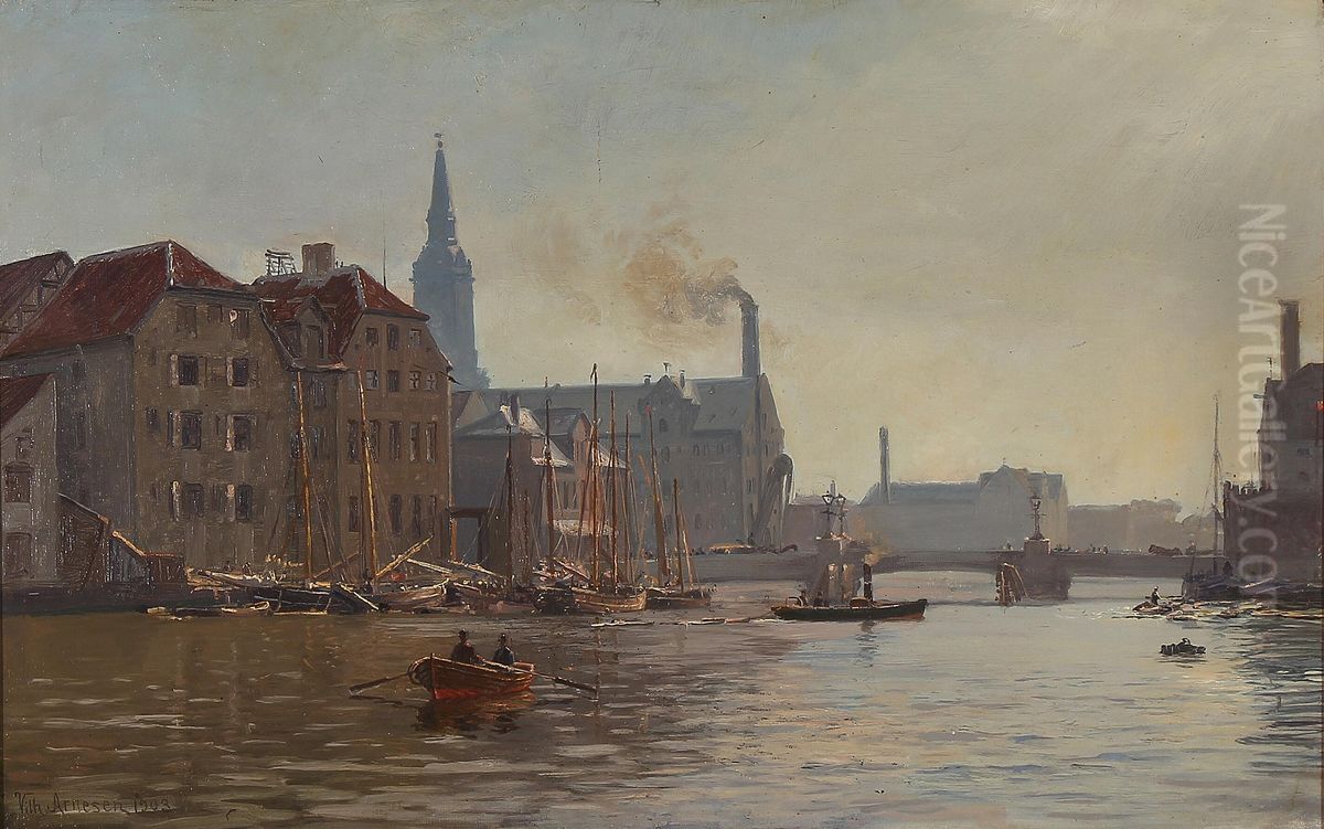 The old port at Knippelsbro. Seen from Niels Juelsgade. Oil Painting by Vilhelm Arnesen