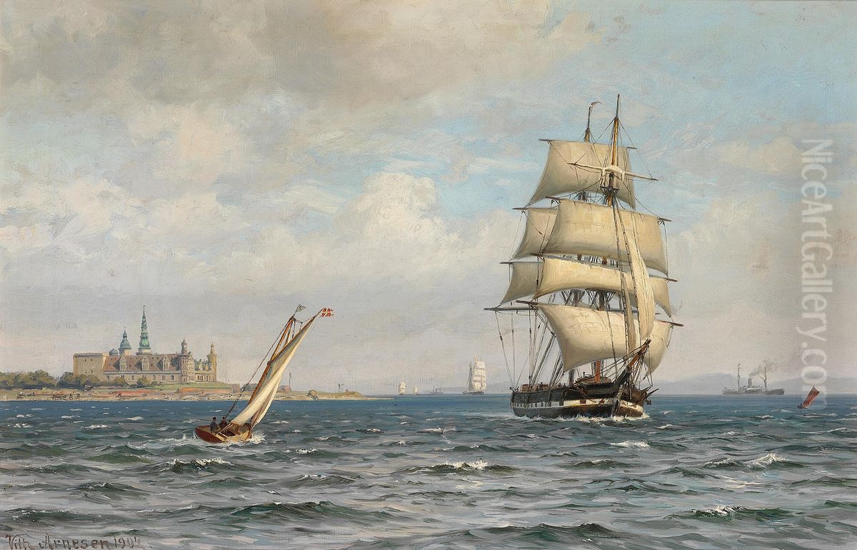 Sailing ships in the Sound off Kronborg. Oil Painting by Vilhelm Arnesen