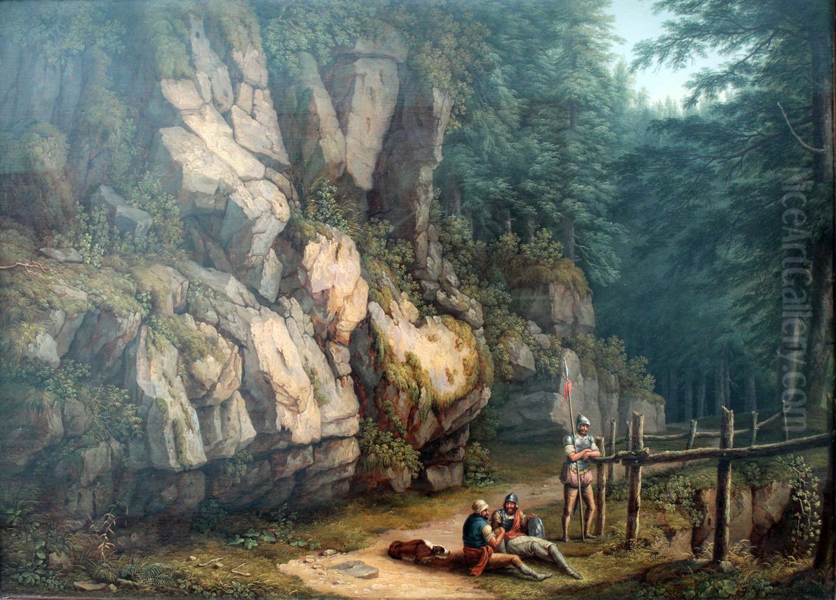 Two Warriors in a Landscape of Trees and Rocks Oil Painting by Jacob Philipp Hackert