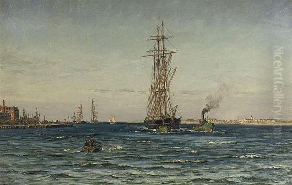 Bugsering ud af havnen. Oil Painting by Vilhelm Arnesen