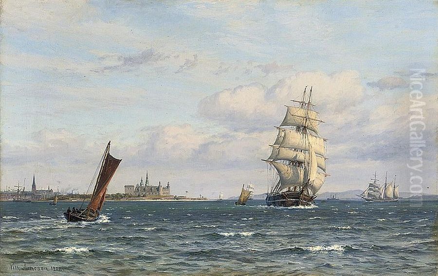 Skibe ud for Kronborg. Oil Painting by Vilhelm Arnesen