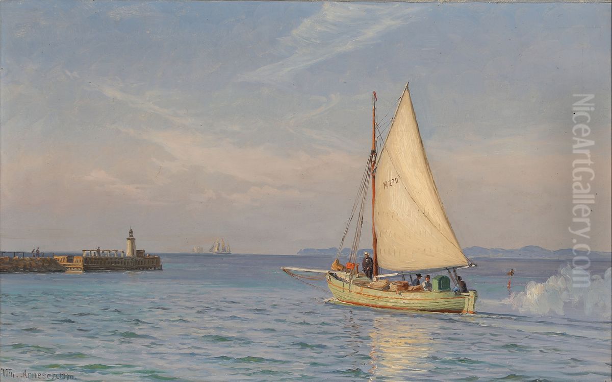 Sommereftermiddag. Gilleleje. Fiskersmakken skal ud at saette Garn Oil Painting by Vilhelm Arnesen