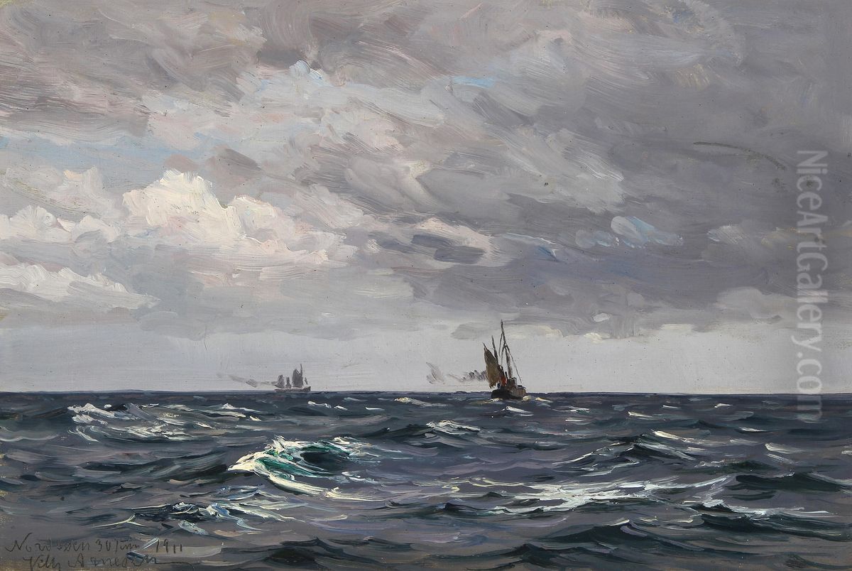 Marine med skibe pa Nordsoen. Oil Painting by Vilhelm Arnesen