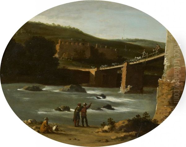 River Landscape with Stone Bridge Oil Painting by Goffredo Wals