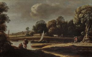 Uferlandschaft mit Fischerboot und bauerlicher Figurenstaffage