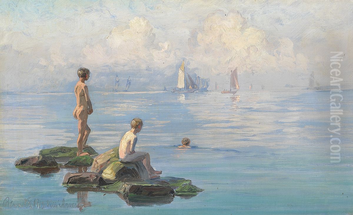 Badende drenge pa sten, i baggrunden sejlskibe. Oil Painting by Vilhelm Arnesen