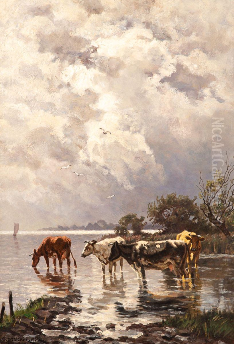 Cows at the watering trough Oil Painting by Carl Malchin