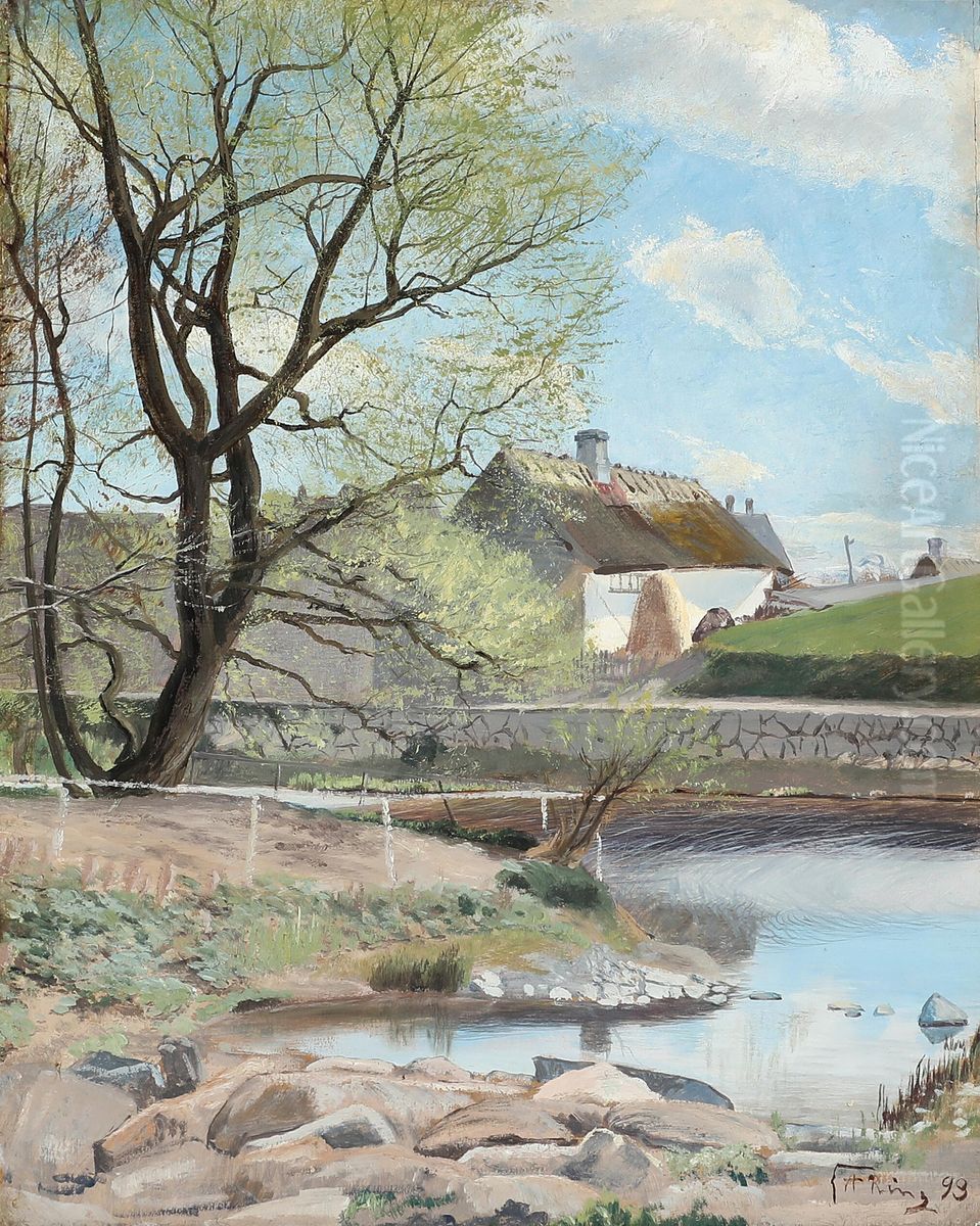 Sunny spring day with a stream near at house. Oil Painting by Laurits Andersen Ring