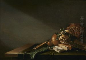 Vanitas still life with a skull, books, string instrument and peacock feather on a table