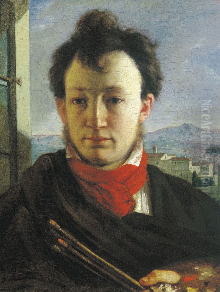 Self-Portrait with a Palette and Brushes Oil Painting by Alexander Varnek