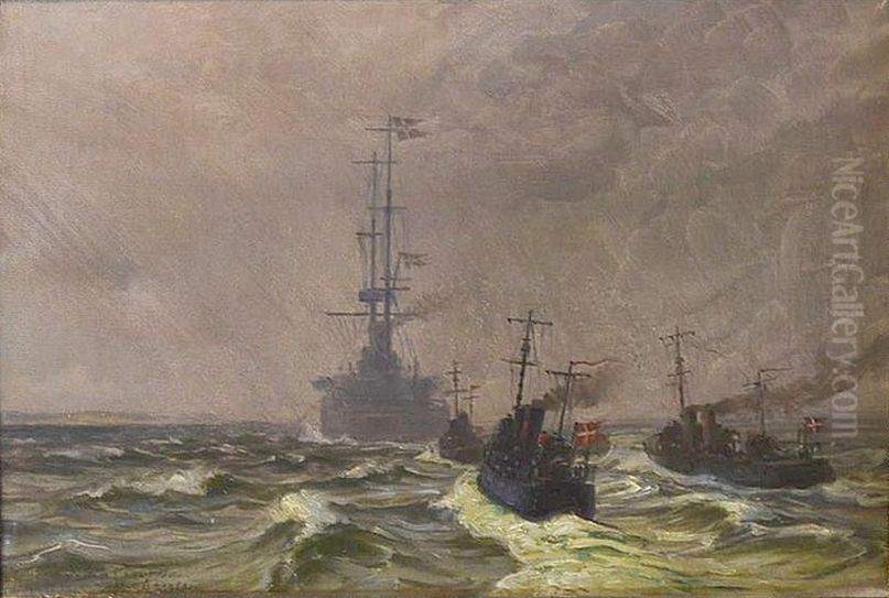 Kong Chr. X der ombord i krydseren Gejser under en Snebyge staar ind til Korsor. Oil Painting by Vilhelm Arnesen