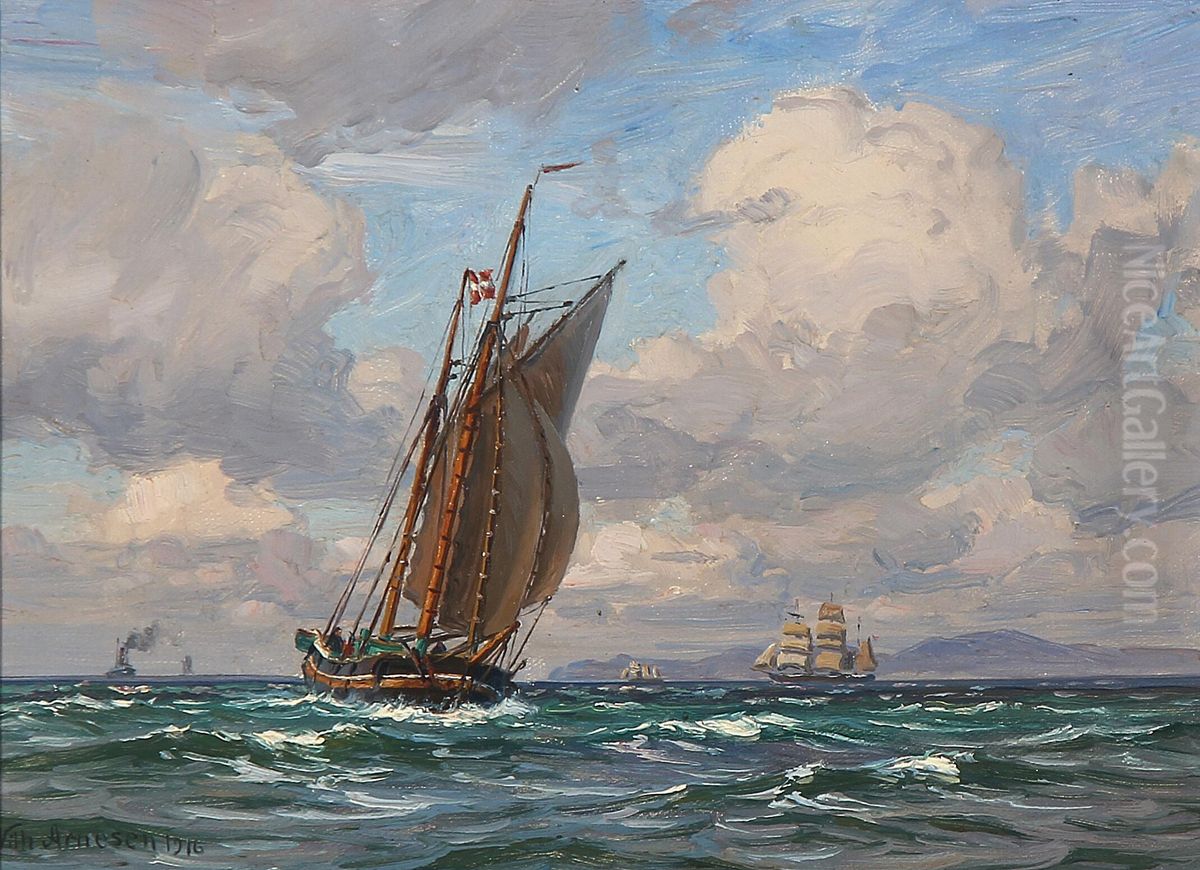 Marine med talrige skibe i Oresund. Oil Painting by Vilhelm Arnesen