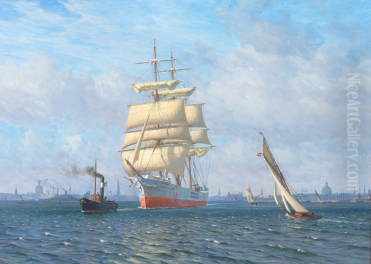 Barken Holdana bugseres ud af Kobenhavns havn. Oil Painting by Vilhelm Arnesen