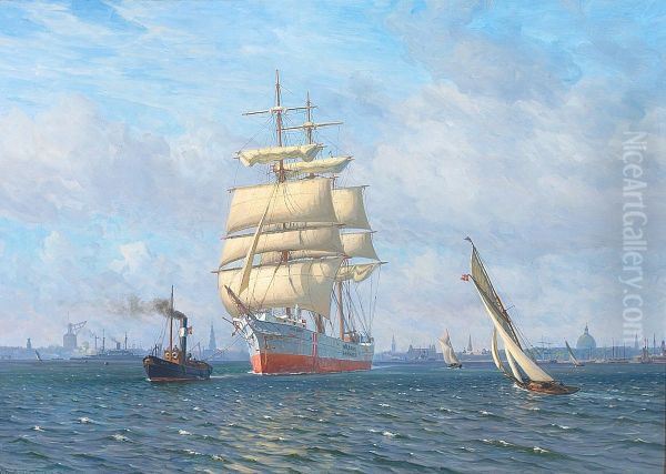 The barque Holdana is towed out of the port of Copenhagen. Oil Painting by Vilhelm Arnesen