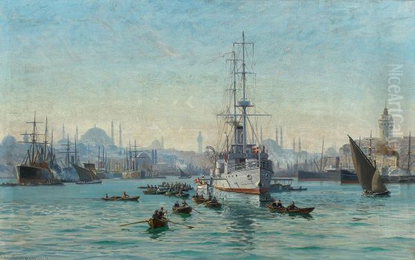 Krydseren Heimdal paa Konstantinopel Rhed, 1908. Oil Painting by Vilhelm Arnesen