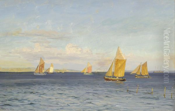 Sejlbade pa havet. Oil Painting by Vilhelm Arnesen