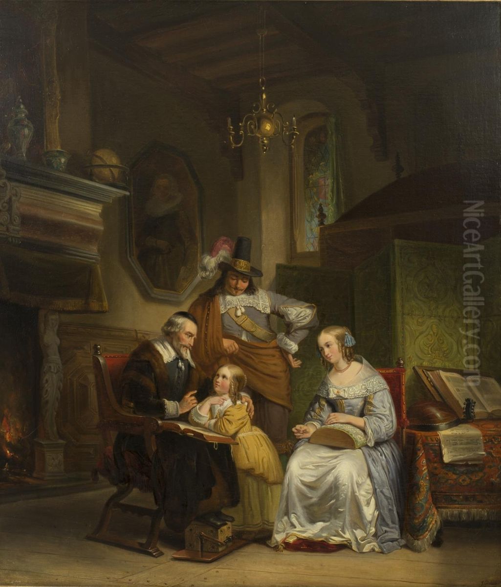 Interior scene with tutor advising a young girl, parents looking on Oil Painting by Jozef Geirnaert