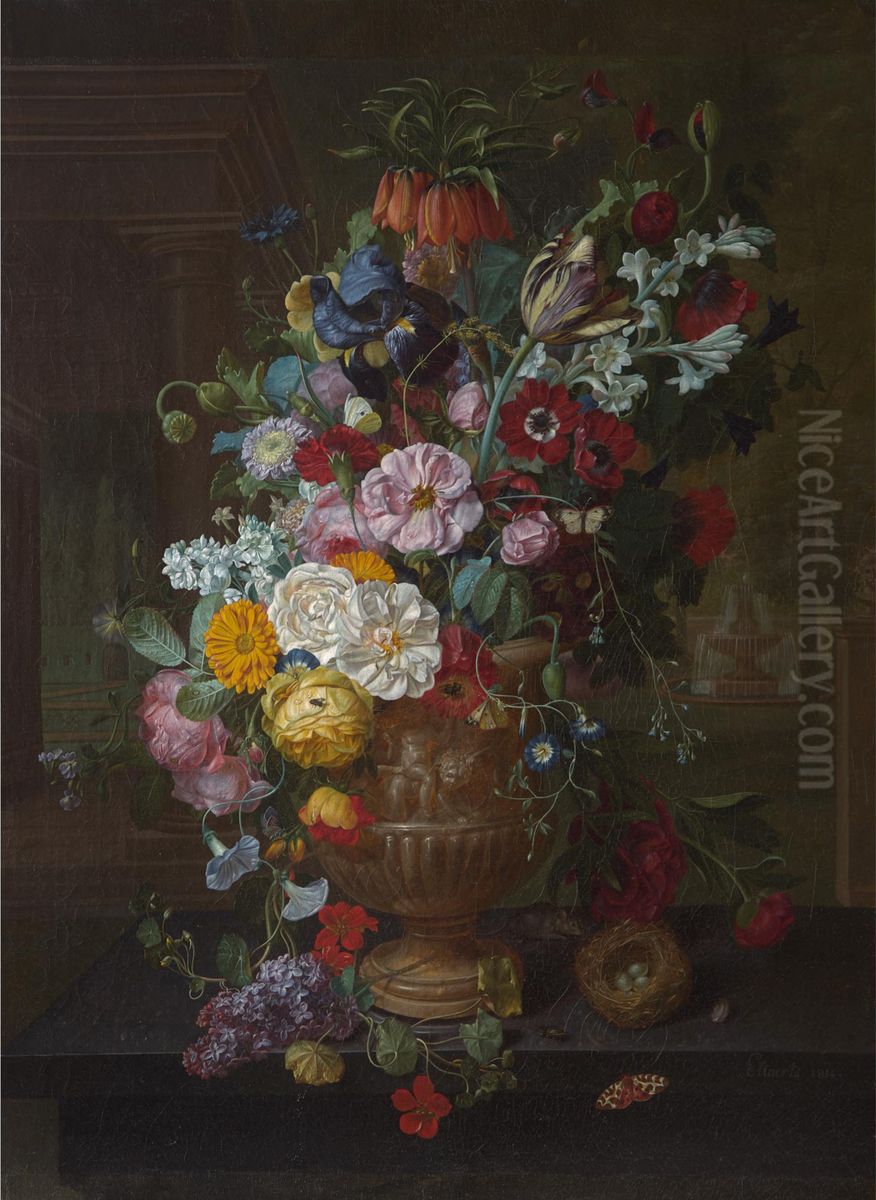Still Life with Mixed Flowers in an Urn on a Ledge Oil Painting by Jan Frans Eliaerts