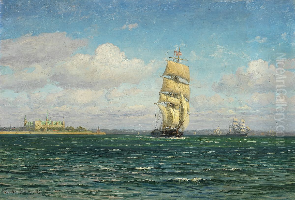 Frisk vind i Sundet, i baggrunden Kronborg. Oil Painting by Vilhelm Arnesen