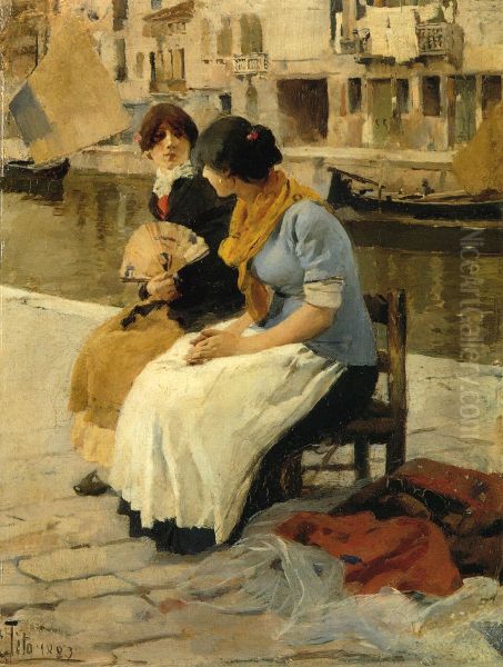 Gossip by the Canal, Venice Oil Painting by Ettore Tito