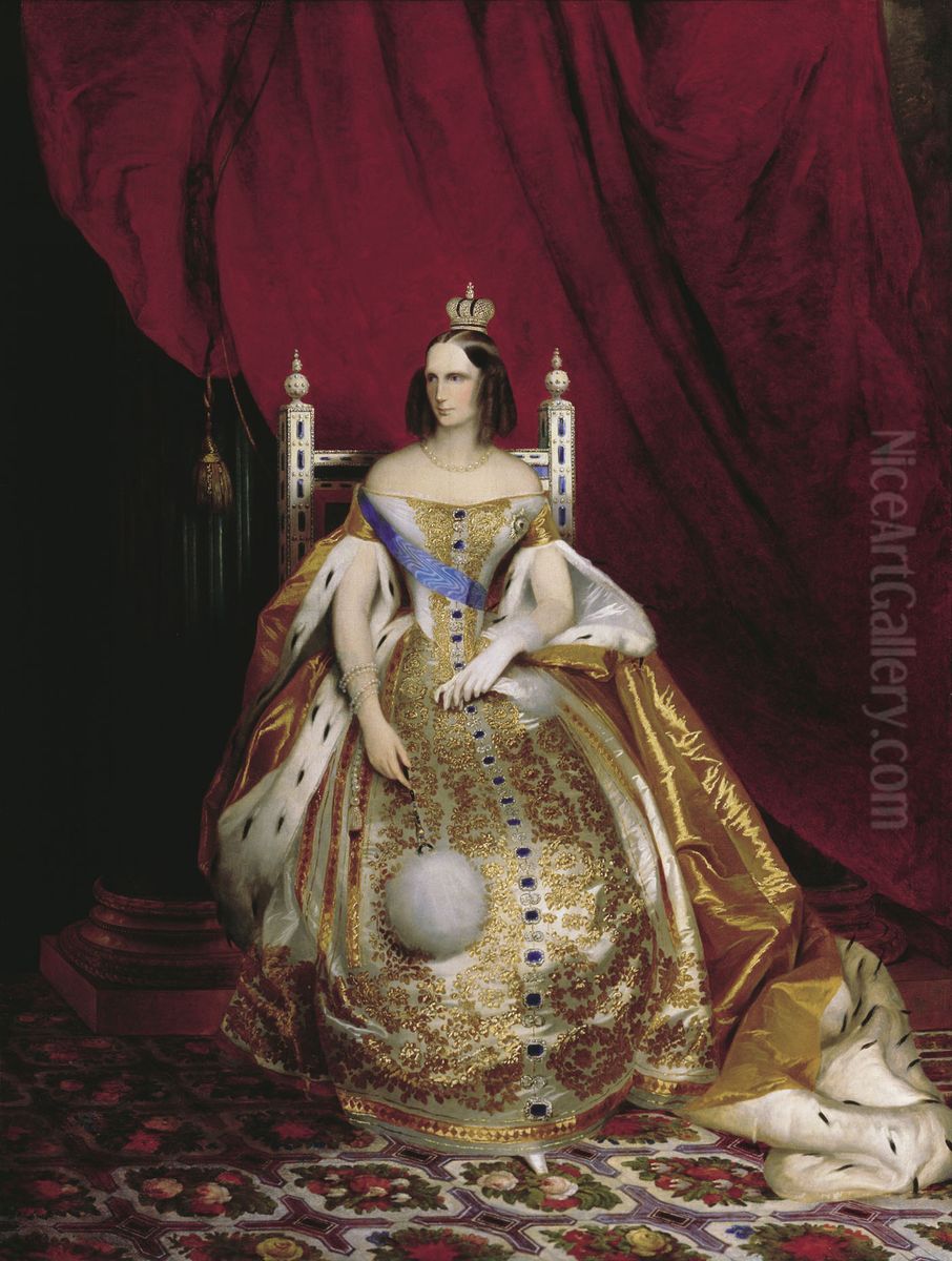 Empress Alexandra Feodorovna of Russia, nee Princess Charlotte of Prussia in traditional Russian court gown Oil Painting by Carl Timoleon von Neff