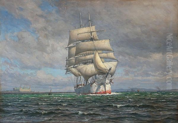 Marine med et sejlskib og Kronborg i baggrunden. Oil Painting by Vilhelm Arnesen