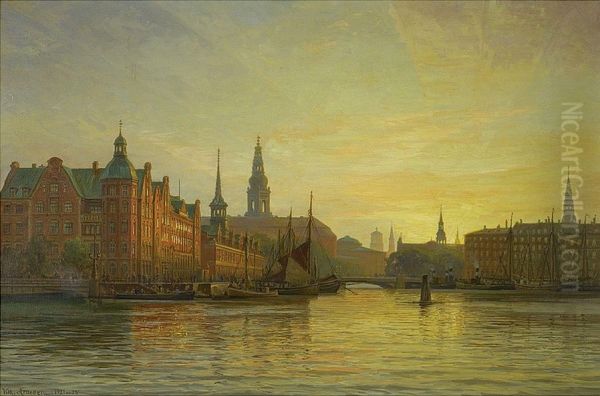 View of Langebro, Christiansborg and the Stock Exchange, Copenhagen. Oil Painting by Vilhelm Arnesen