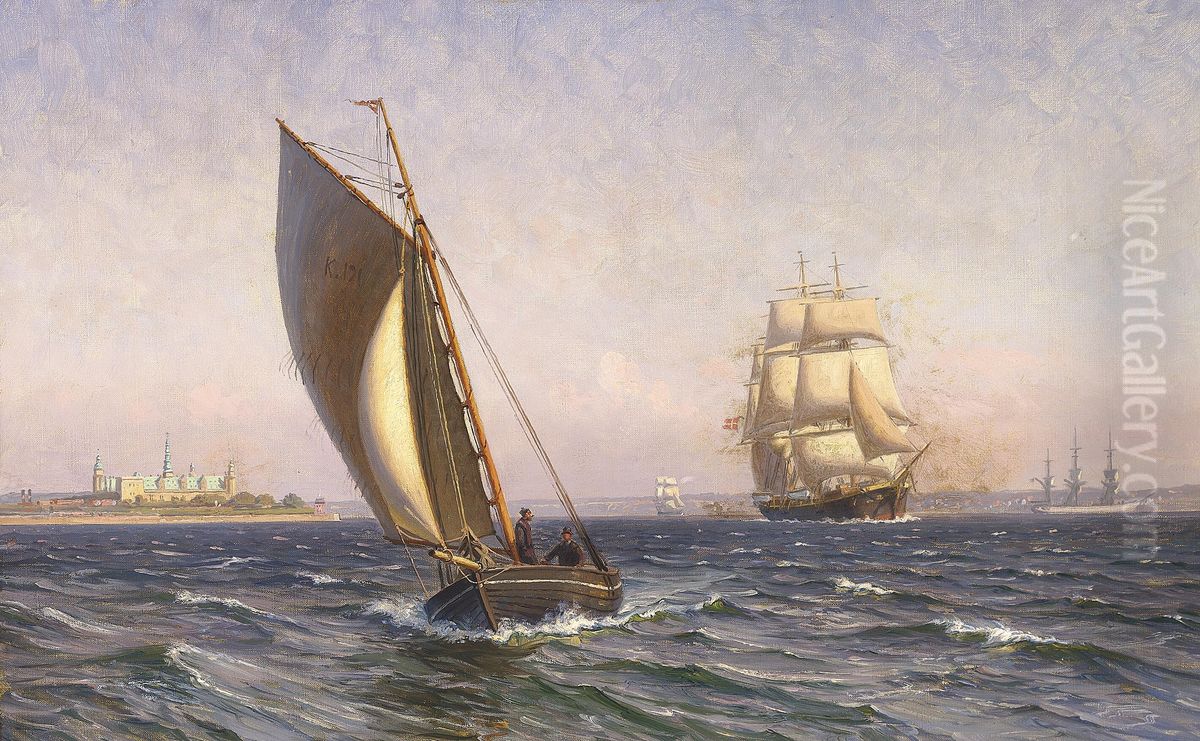 Sailing ships off Kronborg on a summer day. Oil Painting by Vilhelm Arnesen