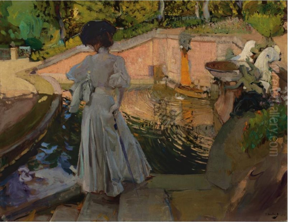 Maria mirando los Peces. Granja Oil Painting by Joaquin Sorolla