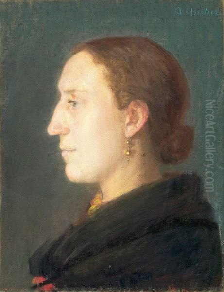 A portrait of a woman sitting en face to the right. Oil Painting by Anna Ancher