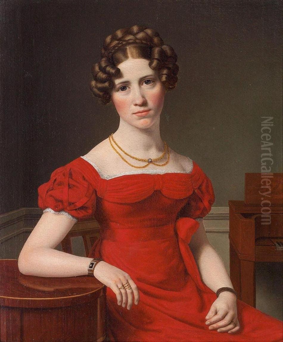 Portrait of Louise Christiane Fugl in a red dress with white lace, double necklace, brown hair taken up, 1826 Oil Painting by Christoffer Wilhelm Eckersberg
