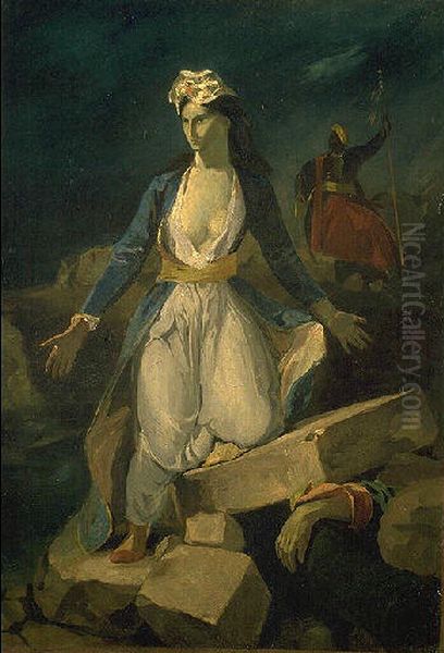 Copie d'apres 'La Grece sur les ruines de Missolonghi' de Delacroix Oil Painting by Odilon Redon