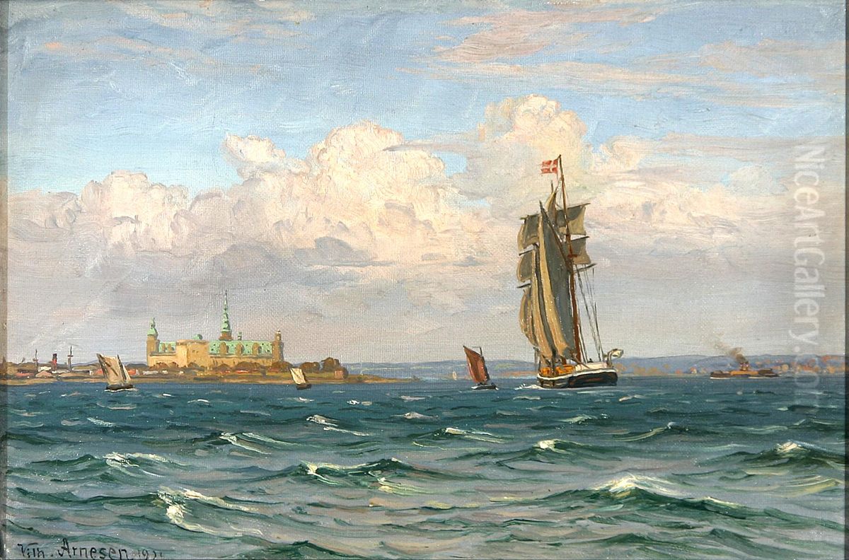 Sejlskib og faerge ud for Kronborg. Oil Painting by Vilhelm Arnesen Sejlskib og faerge ud for Kronborg. Oil Painting by Vilhelm Arnesen