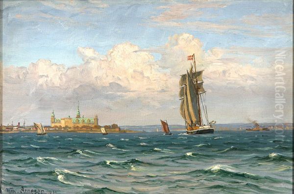 Sejlskib og faerge ud for Kronborg. Oil Painting by Vilhelm Arnesen