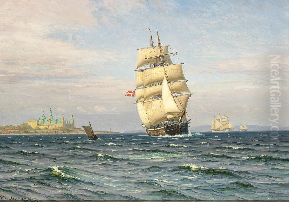 Sejlskibe ud for Kronborg. Oil Painting by Vilhelm Arnesen