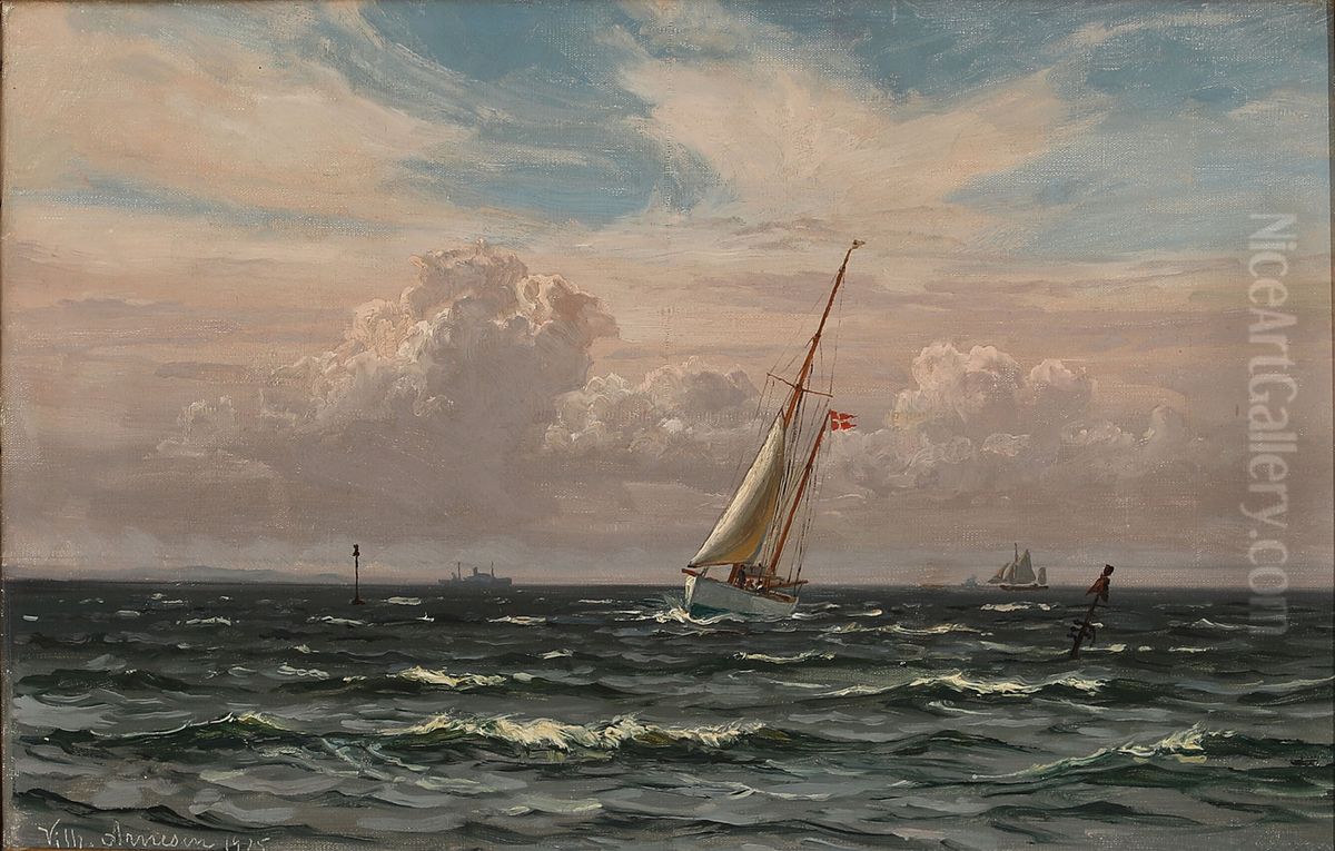 A Danish sailboat at sea. Oil Painting by Vilhelm Arnesen