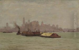New York Skyline with River Traffic.