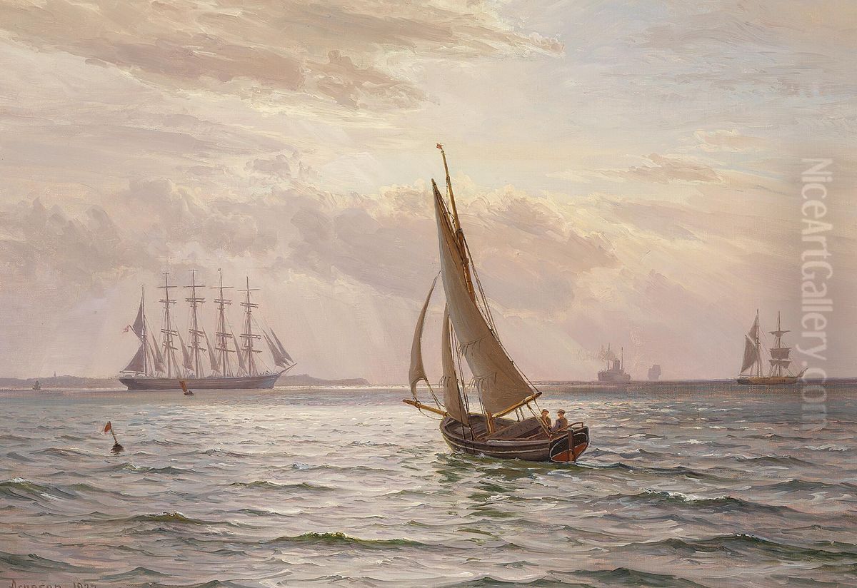 Evening falls at sea. Getting brighter after the rain. Oil Painting by Vilhelm Arnesen